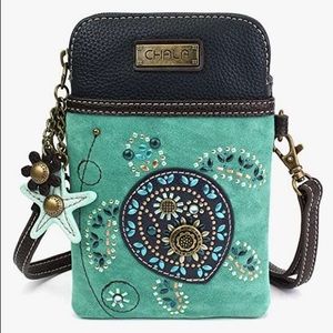 Chaka Crossbody Cellphone Purse; Turquoise Canvas Multicolor-Adjustable Strap